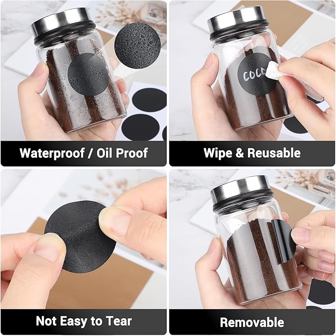Segarty Chalkboard Labels, 216 Pcs Blank Circle Labels with 1 White Chalk Marker for Spice Jars, Waterproof Black Label Stickers for Food Containers, Glass Mason, Bottle, Kitchen Organization