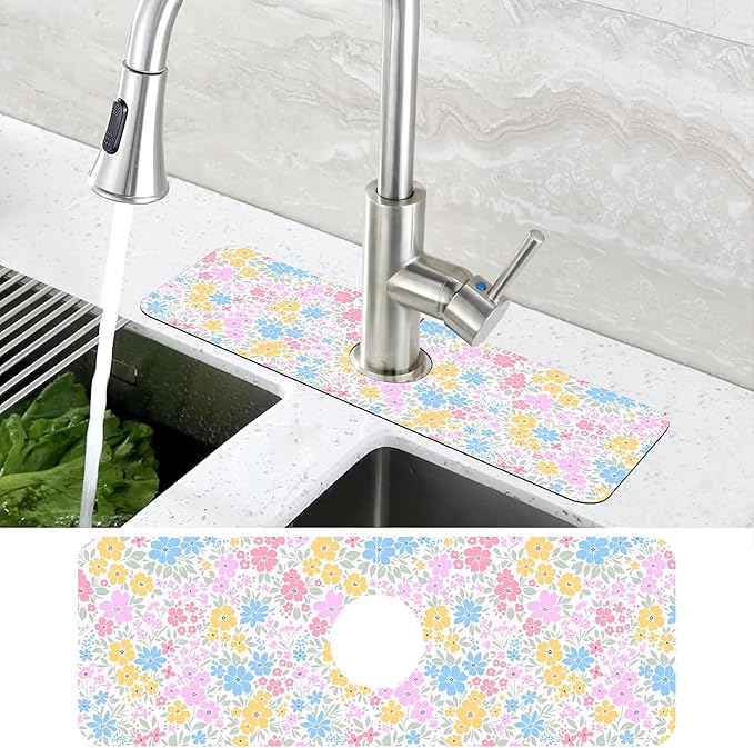 Retro Floral Cute Wildflowers Dish Drying Mat for Kitchen Sink Splash Guard Behind Faucet Sink Mat Absorbent Fast Drying Faucet Draining Mat for Bathroom Kitchen 5.5"×24"