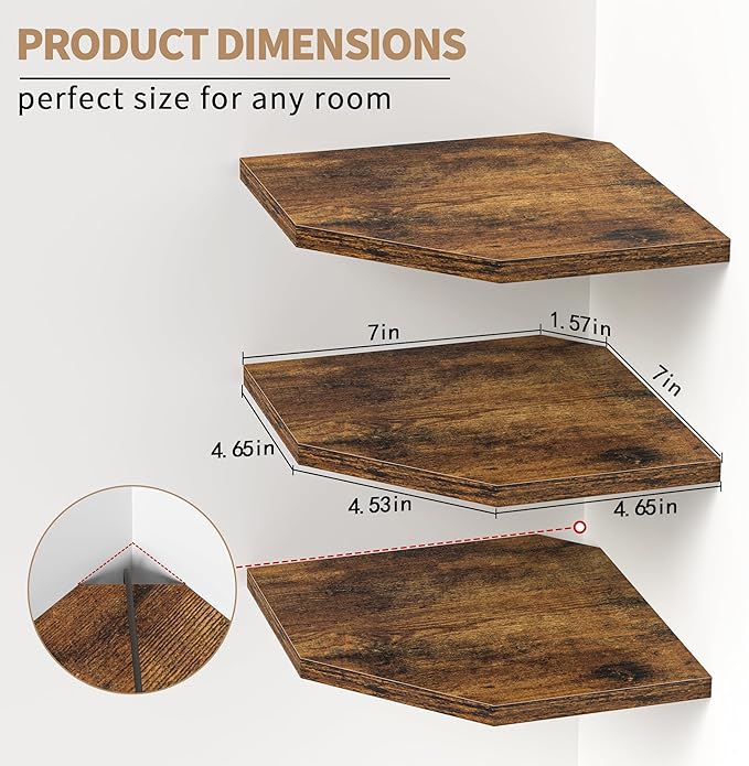 Corner Shelf Wall Mount, Floating Corner Shelves, Set of 6 Corner Wall Shelf Organizer, Rustic Wood Wall Storage Display Shelves for Living Room Bedroom Bathroom Kitchen, Rustic Brown