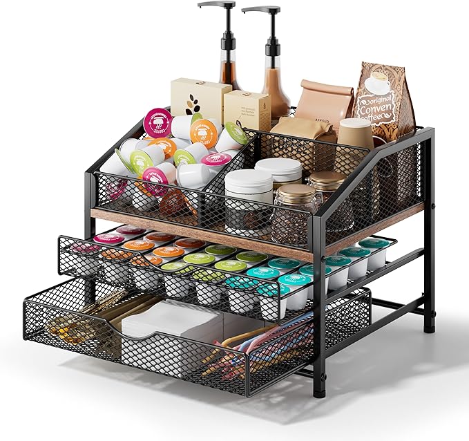 Coffee Bar Organizer for Countertop, Coffee Station Organizer with Removable Dividers, Metal and Wood K Cup Holder Storage Basket for Pods, Syrup, Stirrer and Condiment, Black and Brown