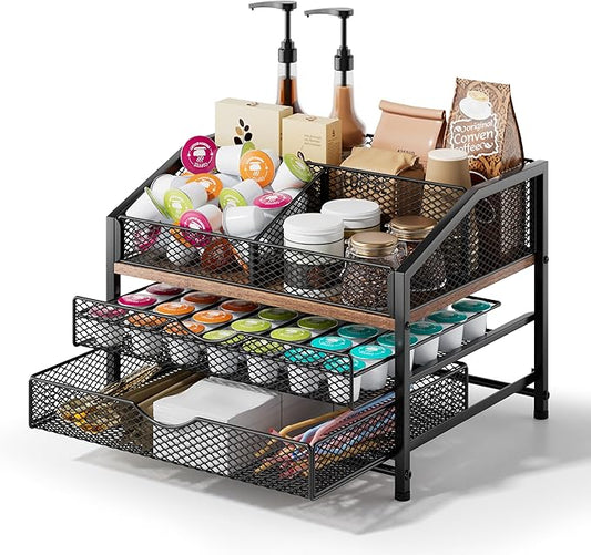Coffee Bar Organizer for Countertop, Coffee Station Organizer with Removable Dividers, Metal and Wood K Cup Holder Storage Basket for Pods, Syrup, Stirrer and Condiment, Black and Brown