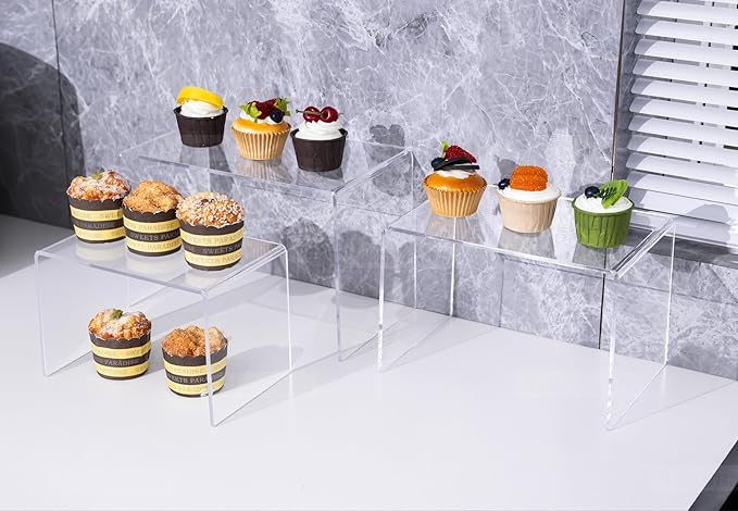 CLAY TONIC 2-Pack Large Clear 5MM Thickness Acrylic Display Risers for Kitchen Organizer and Storage,Display Food, Pantry Cabinet Shelf, Retail Display (2, 12x7x8 Inche)