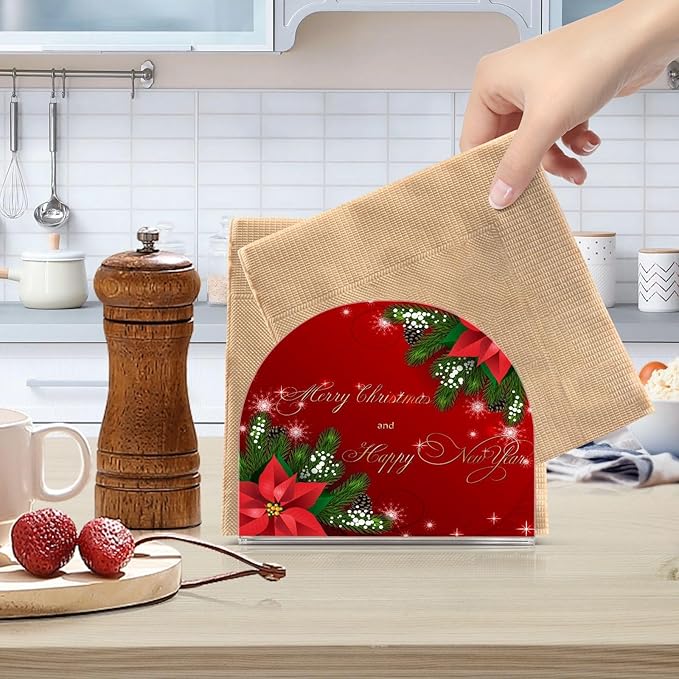 Christmas Fir Red Poinsettia Flowers Napkin Holder for Table Paper Napkins Holder Acrylic Tissue Dispenser Kitchen Dining Room Bathroom Party Car Decor