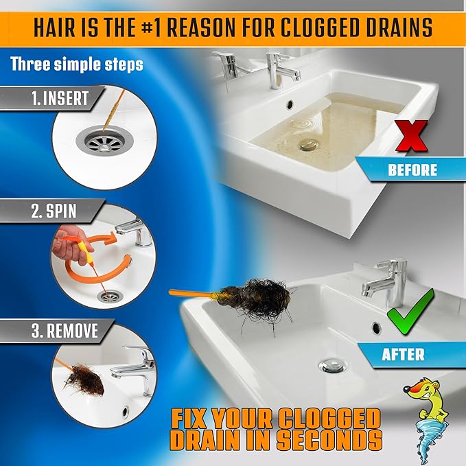 FlexiSnake Drain Weasel Sink Snake Hair Clog Remover Tool, Sink, Pipe, Bathroom, Bathtub Drain Cleaner, 18-inch Long, Flexible, Made in The USA, 10 Pack Wand Refills and Removable Handle