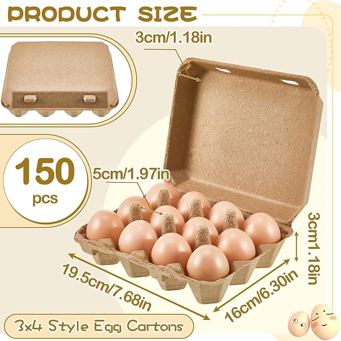 Rtteri 150 Pcs Egg Cartons Bulk 3x4 Style Egg Storage Containers Holder for Fresh Duck Quail Storage Kitchen Family Farmhouse (Natural Color)