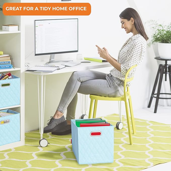 FH Group JIAessentials 11" Faux Leather Foldable Storage Cube Bins Set of 2 – Blue Diamond Patterned Organizers with Handles for Closet & Shelves