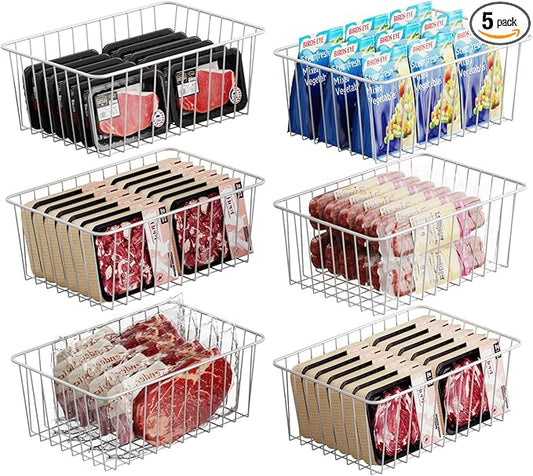 iSPECLE Freezer Organizer Bins - Fits 14 to 15.5 Cu.Ft Upright Freezers, 6 Pack Wire Baskets with High Sides to Prevent Falling, Easy Access Storage for Categorizing Food, White