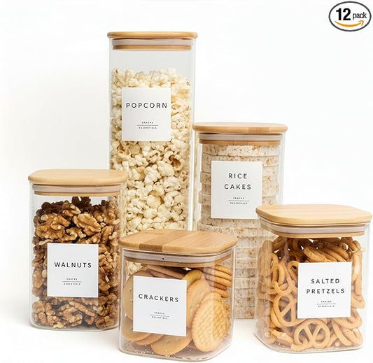 Glass Pantry Storage Containers with Lids- 165 Pantry Labels– Set of 5 various Sizes- Glass Canisters with bamboo lids-Perfect Pasta, Flour food Storage Containers-Airtight-Kitchen Canisters