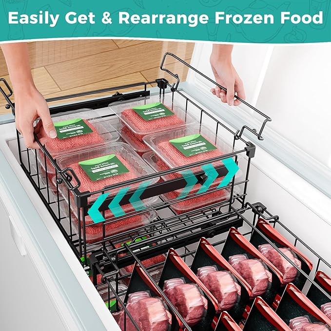 OPENICE Deep Freezer Organizer Bins, Expandable from 11.0" to 17.0" Stackable Freezer Baskets for Chest Freezer with 5 Tags, Bins for Chest Freezer Organization - 4 PCS, Black