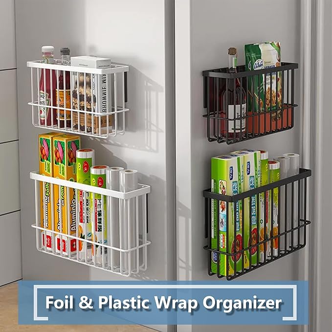 Winbell Magnetic Basket Kitchen Refrigerator Organizer Foil and Plastic Wrap Organizer for Fridge Heavy Duty Metal Storage (10.25" L x 3.2" W x 6" H, Black)