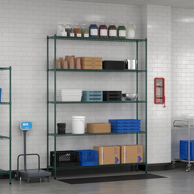 Commercial NSF Listed Green Epoxy Stationary Wire Shelving Kit 14" x 72" x 96", with 5 Shelves Perfect for Warehouse, Walk-in Refrigerator, Freezer, Grocery Store, Restaurant, Dishroom