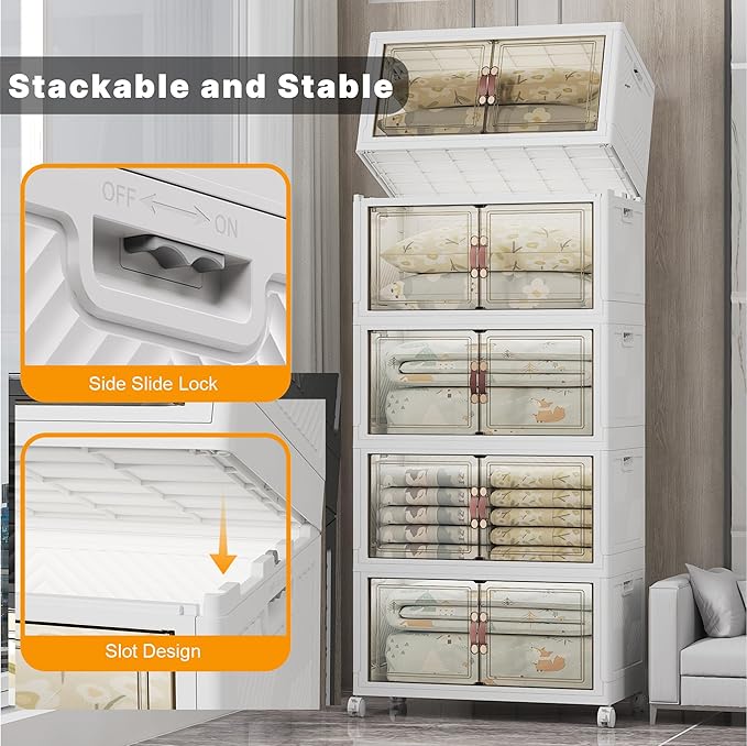 Stackable Storage Bins with Lids & Wheels & Door, Foldable Collapsible Closet Organizers, Extra Large Plastic Storage Drawers for Bedroom Dorm Office Garage (White-160QT, 5Pack with 1 top lid)