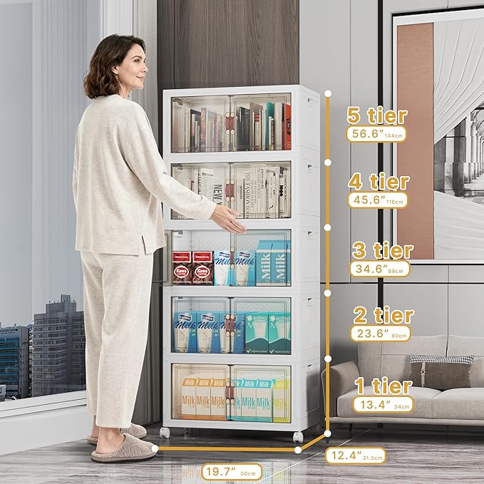 Stackable Storage Bins with Lids, 260QT Closet Organizers and Storage with Doors and Wheels, Extra Large Storage Cabinet, Collapsible Plastic Drawers for Bedroom Dorm Office Garage
