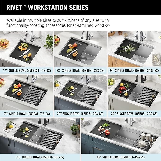 DELTA FAUCET Rivet 17-inch Workstation Bar Prep Kitchen Sink Undermount 16 Gauge Stainless Steel Single Bowl with WorkFlow Ledge and Kit of 5 Accessories, 95B9031-17S-SS
