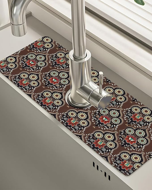 Patterned Sink Faucet Mat Kitchen Splash Guard Super Absorbent Drying Mat, Non-Slip Drain Pad for Kitchen Counter or Bathroom-15x5.5in