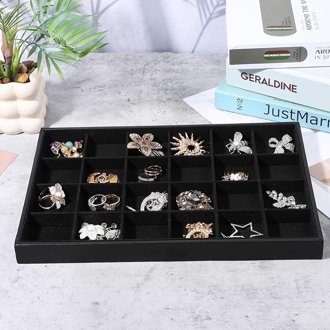 4Pcs Jewelry Organizer Trays, Stackable Velvet Jewelry Trays, Drawer Insert Divider Jewel Display Storage with Removable Dividers, Divided Storage for Earring Necklace Rings Bracelet
