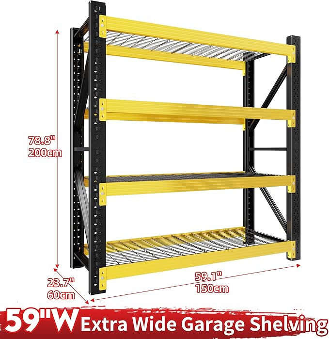 3000LBS Garage Shelving 59" W Garage Shelving Heavy Duty 4-Tier Metal Storage Shelves Adjustable Shelf Unit Grid Storage Rack for Basement Supermarket Warehouse 59" W x 24" D x 78" H Yellow