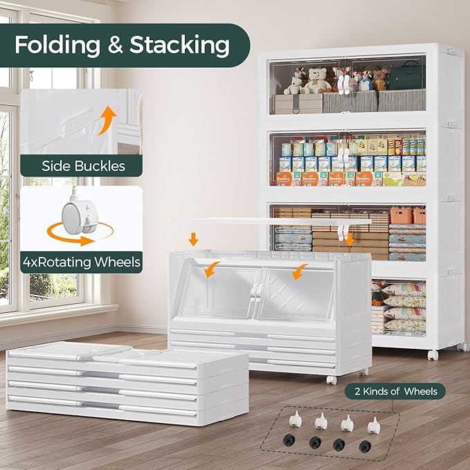 Atrasee 1100QT Extra Large Stackable Storage Bins with Lid, 275Gal Collapsible Closet Organizer Box with Wheels, Folding Plastic Storage Cabinet with Doors for Home Bedroom Office Dorm, 5Pack White
