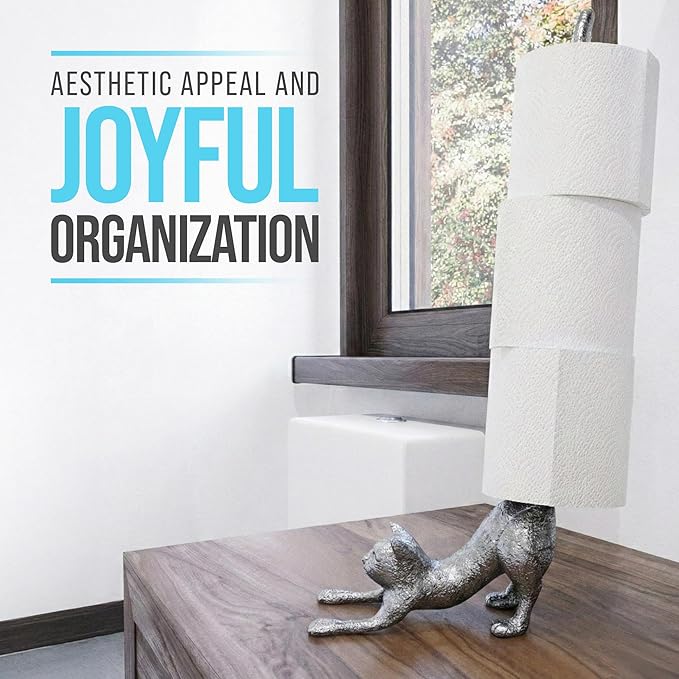 Comfify Yoga Cat Decorative Paper Towel Holder or Toilet Paper Holder - Adorable Downward Dog Pose Kitty- Cast Iron Paper Towel Stand - Antiqued Cast Iron White Color - 18.5" - Silver with Black