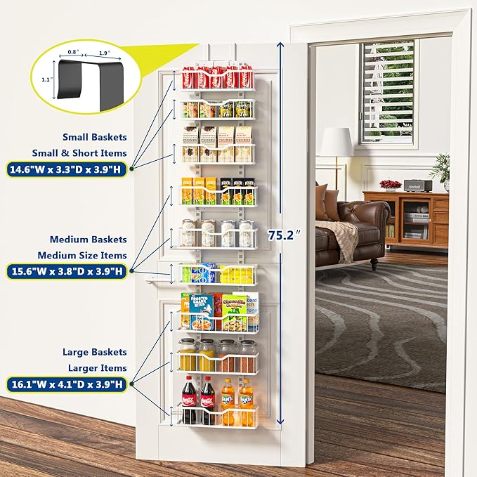 EVERIE 9-Tier Over the Door Storage Rack, Metal Hanging Organizer with Heightened Plate Bottom Baskets and Enlarged Hanging Slots, Kitchen Pantry Shelves