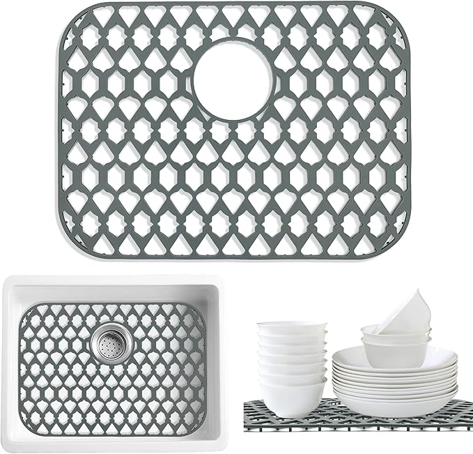 SAMSIER Sink Protectors for Bottom of Kitchen Sink 13x11 &16x12 &21x16 &22x13 &24x13 &26x14 &28x14 &30x16, Large Farmhouse Silicone Mats Grid (19”x14”, Rear Drain)
