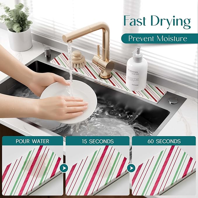 eormoe Stone Faucet Mat for Kitchen Sink, Diatomite Drying Stone Mat for Kitchen Counter, Prevent Moisture – Sink Splash Guard Home Decor (Red/Green, 23.6" x 3.9")