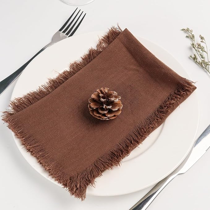 Handmade Cloth Napkins with Fringe,18 x 18 Inches Cotton Linen Napkins Set of 4 Versatile Handmade Square Rustic Fringe Napkins for Dinner, Wedding and Parties, Chocolate