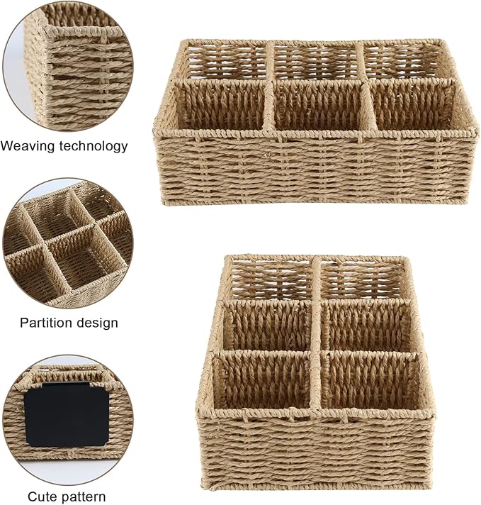 Snack Bar Station Organizer,Pantry Organizers and Storage Bins,Hand-Woven Snack Basket for Countertop with 6 Compartments,Snack Display Box for Candy,Drink Packet,Chips,Spice Organizer