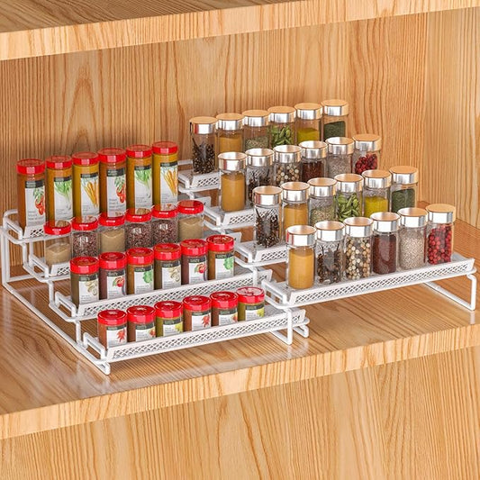 4 Tier Adjustable Spice Rack Organizer for Cabinet - White (2 PCS S&L) Expandable Spice Shelf with Protection Railing for Inside Cabinets, Countertop, Pantry Storage & Seasoning Organization