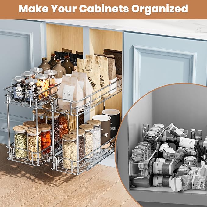 Pull Out Spice Rack Cabinet Organizer, 3 Tier Heavy Duty Slide Out Wood Shelf for Narrow Cabinet, Pull Out Storage for Kitchen (5½" W x 21½" D, 2 Tier)