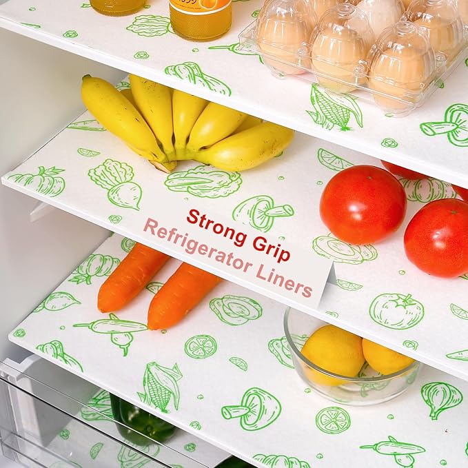 Cooyes Refrigerator Liners 17.7" x 24", 12 Pack, Absorbent Non-Slip Washable Fridge Mats, Shelf Liner for Kitchen Cabinets Non-Adhesive, Green Veggie