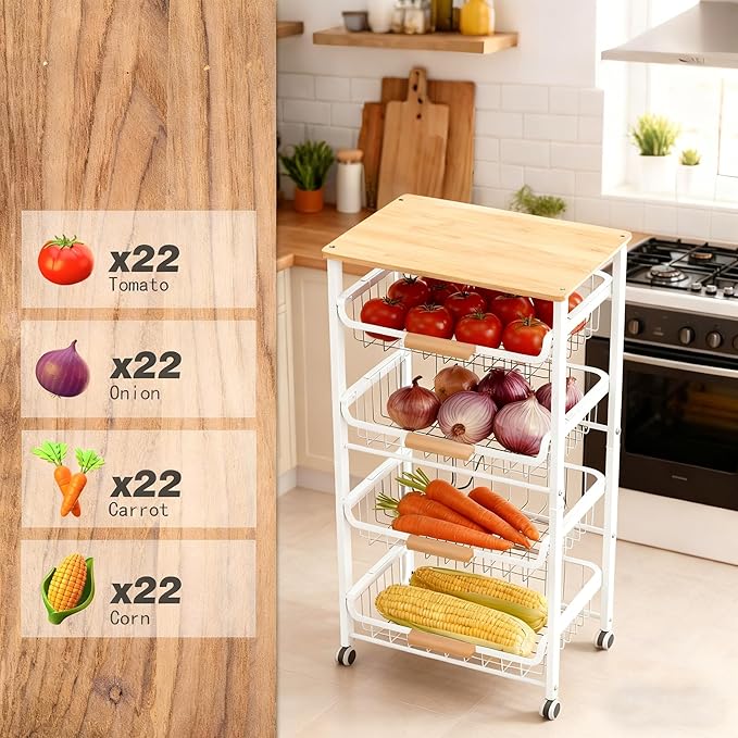 5-Tier Rolling Pantry Floor Storage Cart with Wheels&Wood Top, Large Capacity Kitchen Organization Fruit Wire Basket Stand for Pantry, Bathroom, Living Room,White
