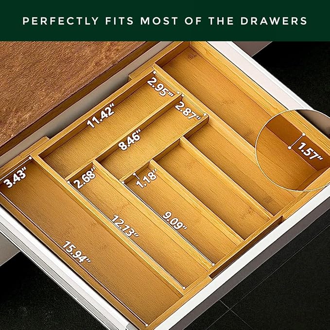 Bamboo Drawer Organizer – Expandable 8 Slot Silverware & Utensil Tray for Kitchen, Office & Bathroom – Fits 13"–19.5” Drawers, Natural Bamboo, Deep Compartments, Durable & Eco-Friendly