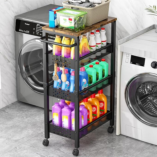Utility Slim Storage Cart with Wheels, 4-Tier Narrow Rolling Organizer Shelf with Wood Top, Metal Storage Rack and Space-Saving Organizer for Bathroom, Kitchen, Laundry Room, Small Spaces