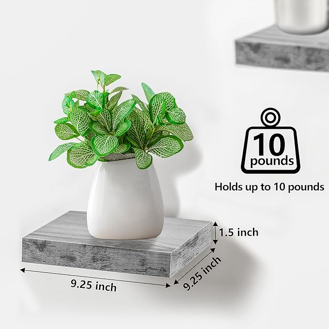 Sorbus Square Floating Shelf for Wall - 3 Small Shelves with Invisible Mounting Brackets for Living Room Decor, Bedroom, Bathroom Decor, Kitchen - 9" Rustic Grey Wall Shelf to Display Photos Trophies