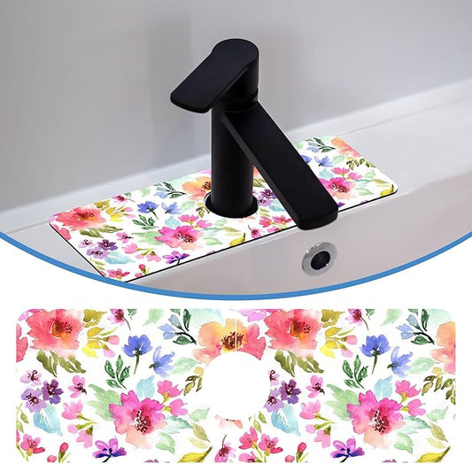 Watercolor Floral Faucet Mat Splash Guard Purple Pink Meadow Flower, Soft Diatom Mud Material, Strong Water Absorption, Non-slip,Easy to Clean for Bathroom, Kitchen 15"X5.5"