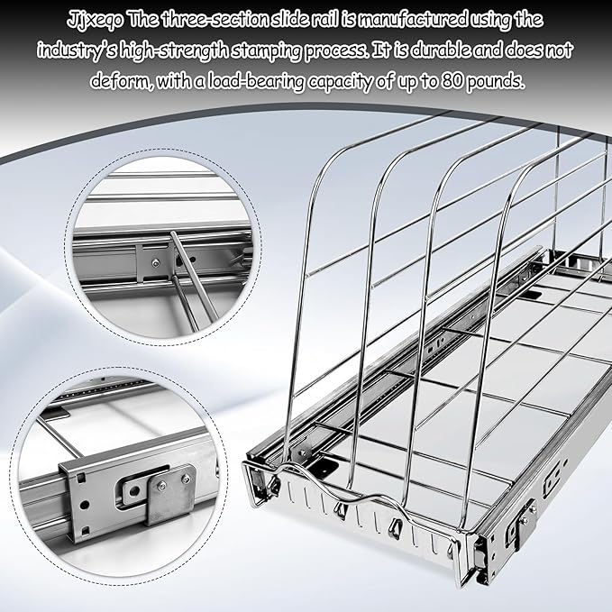 Pull Out Baking Pan Organizer for Cabinet, Cookie Sheet, Cutting Board, Tray Organizer for Cabinet, Adjustable, 22"D x11"H x 8.7"W, Pull/Slide Out Organizer-Heavy Duty, Chrome steel, 50-Year Warranty