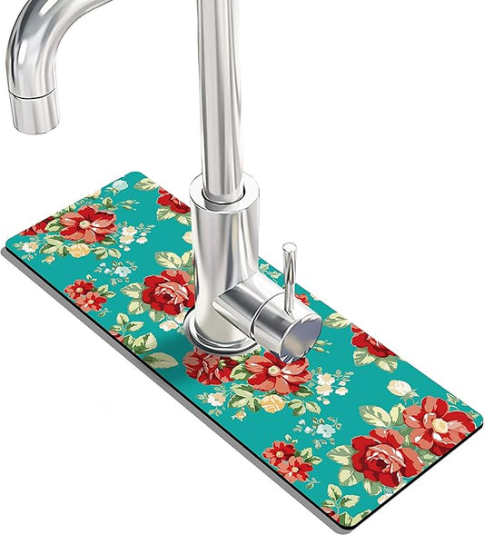 Kitchen Sink Splash Guard Faucet Mat Super Absorbent Fast Drying Mat Sink Gadgets Splash Guard Behind Faucet Drip Catcher for Kitchen (Boho Flowers, 15x5.5in)