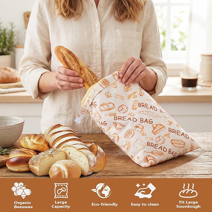 2Pack Reusable Bread Bags for Homemade Bread Organic Beeswax Cotton Bag -Fresh KeepingSourdough Storage Bag Thicker Organic Beeswax 17x12in Food Storage with Snap Closure（Yellow Pattern）