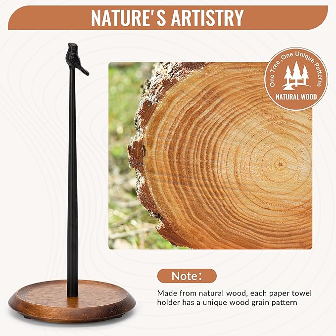 Wood Paper Towel Holder Countertop, Easy Tear Farmhouse Kitchen Towel Holder for Dining Table, Cute Bird Shaped with Anti Slip Weighted Base