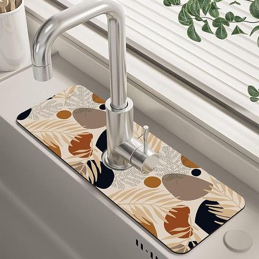 Boho Tropical Leaves Kitchen Sink Splash Guard Mat Absorbent Fast Drying Mat Faucet Draining Mat Sink Splash Guard Behind Faucet Drip Catcher for Kitchen Bathroom 5.5"×15"