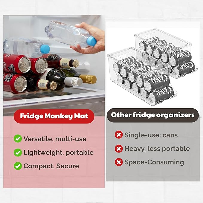 Fridge Monkey Mat - Wine & Soda Can Organizer for Refrigerator - Drink Organizer Holder Makes Cans & Bottles Stackable for Easy Storage - Space Saver for Refrigerator Organization - Cream (1 Pack)
