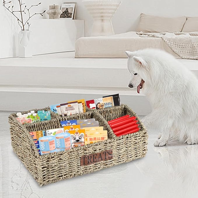 Bratod Dog Storage Organizer Wicker Basket,Dog Treat Container Bin for Countertop,Pet Treats Box with Dividers,Dog Cat Can Food Storage Bin,Pet Treat Station-Natural Woven Seagrass