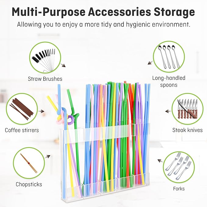 9.5” Large Acrylic Straw Holder for Cabinet Door - Reusable Tumbler Straw Organizer Storage for Kitchen Counter - Space- Saving Kitchen Accessories Cabinet Dispenser