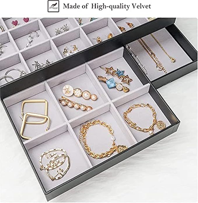 ProCase Stackable Large Jewelry Drawer Organizer, 3 Pack Velvet Jewelry Organizer Tray with Removable Dividers for Earring Necklace Bracelet -Black