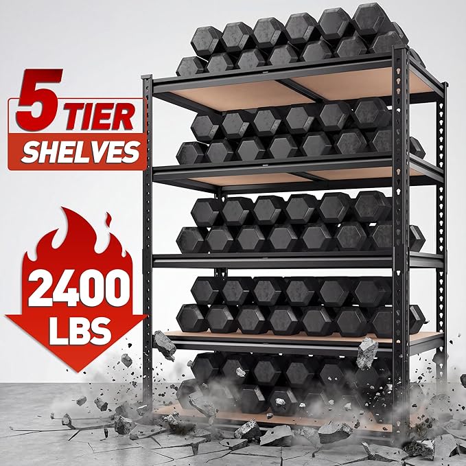 REIBII 2200LBS Storage Shelves 5 Tier Garage Shelving Heavy Duty, Adjustable Metal Shelving Unit, Garage Shelves for Basement, Warehouse, Pantry, Closet, Kitchen 72" H x 35.55" W x 16" D, 2 Pack | Heavy Duty, Adjustable, 2020LBS Capacity, Garage, Pantr...