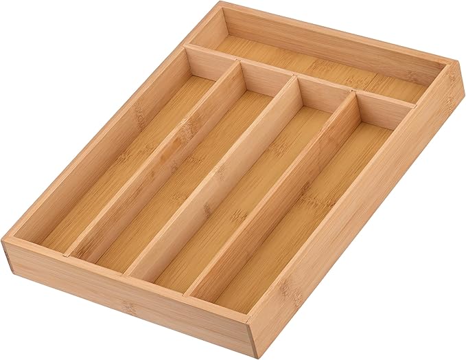 Wooden Silverware Organizer for Drawer, Bamboo Utensil Drawer Organizers, Kitchen Utensil Organizer Tray with 5 Storage Compartments, Flatware Organizers for Cutlery Flatware 13.1 x 9.8 x 1.5"