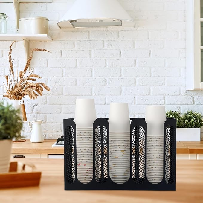 Maxcheck Metal Mesh Cup and Lid Holder Coffee Paper Cup Dispenser Lid Holder Storage Organizer Countertop or Wall Mount for Coffee Bar, Kitchen, Breakroom(3 Compartments)