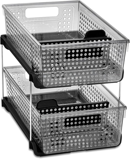 madesmart Premium 2 Tier Organizer, Undersink Storage with Pull Out Sliding Drawers, for Cleaning Supplies, Pantry, Sponges, Bottles, Adjustable Dividers & Pull Out Sliding Baskets, Smoke