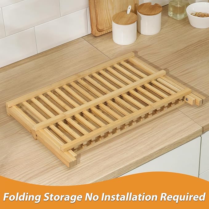 Bamboo Dish Drying Rack, Collapsible 2-Tier Dish Drainer Kitchen Plate Rack for Kitchen Countertop Foldable